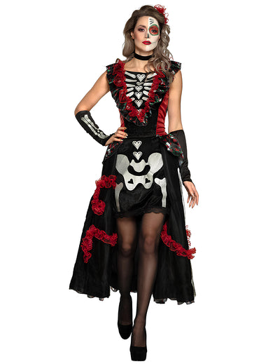 Déguisement dia de los muertos pour femme noir et rouge avec jupon