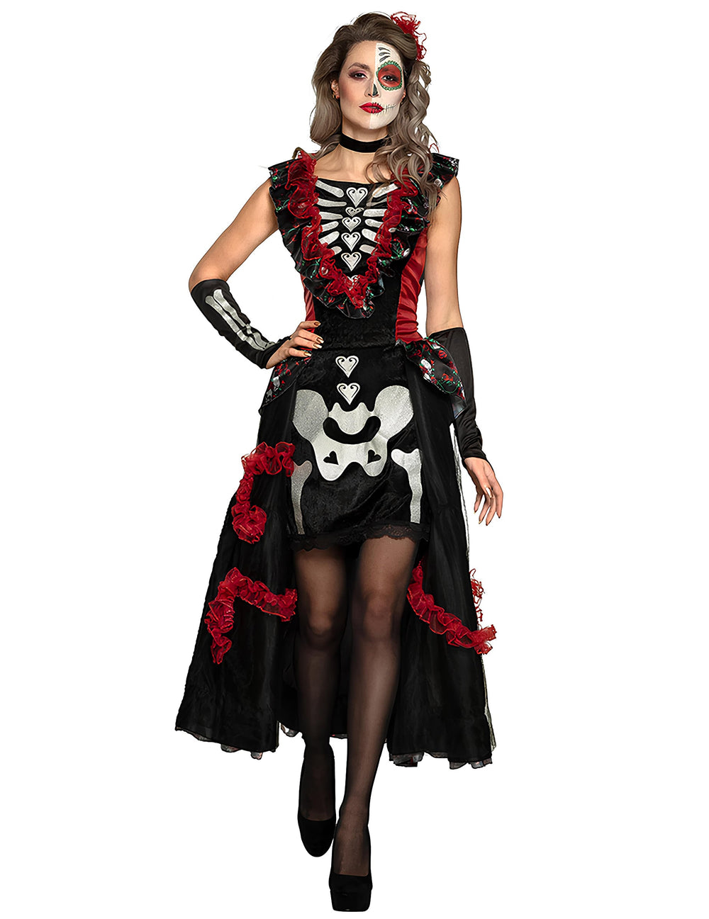 Déguisement dia de los muertos pour femme noir et rouge avec jupon