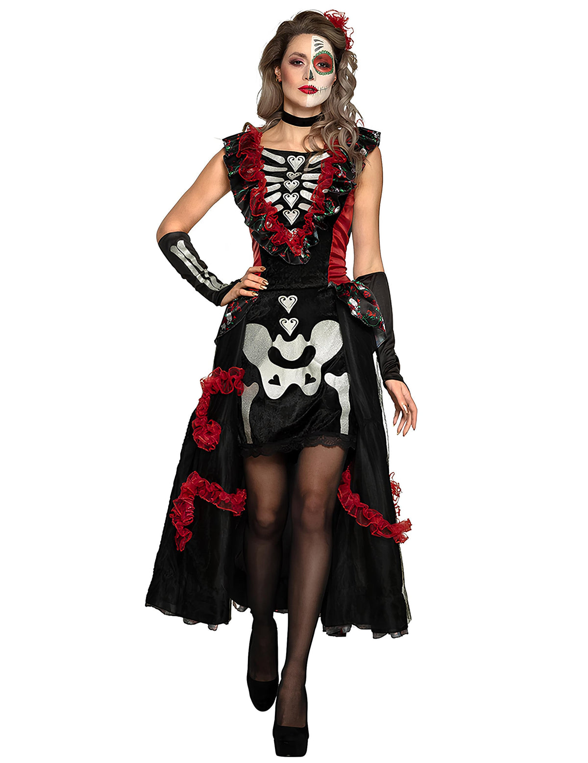 Déguisement dia de los muertos pour femme noir et rouge avec jupon