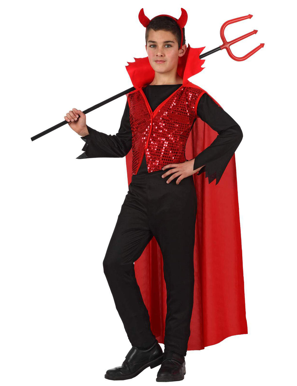 Déguisement de diable pour enfant rouge à sequins avec cape et cornes