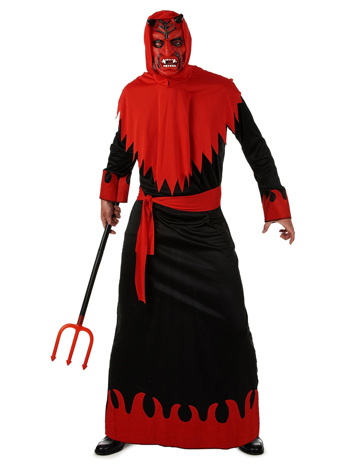 Déguisement de diable des enfers pour homme rouge et noir avec masque et trident
