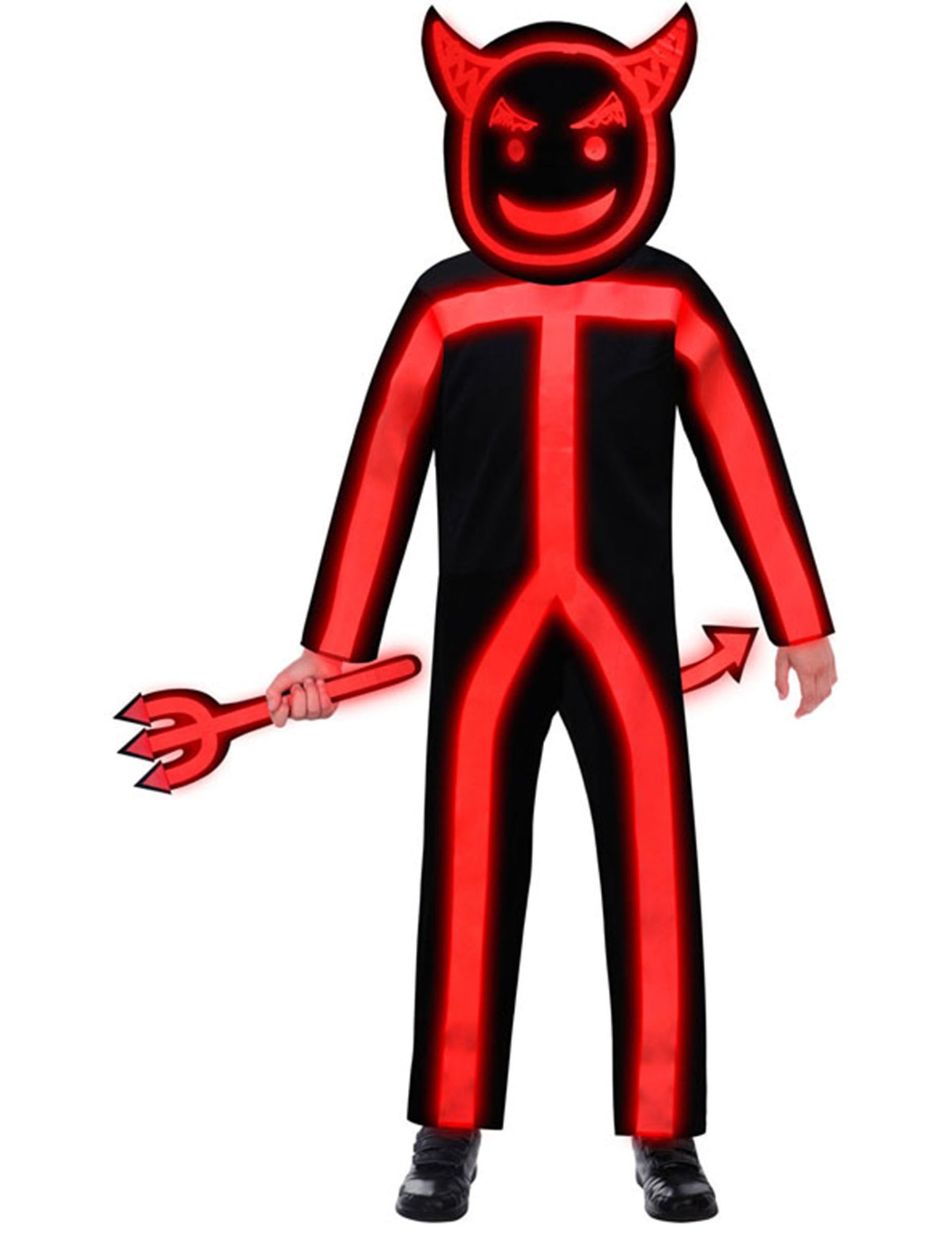 Déguisement diable phosphorescent pour enfant rouge et noir avec trident