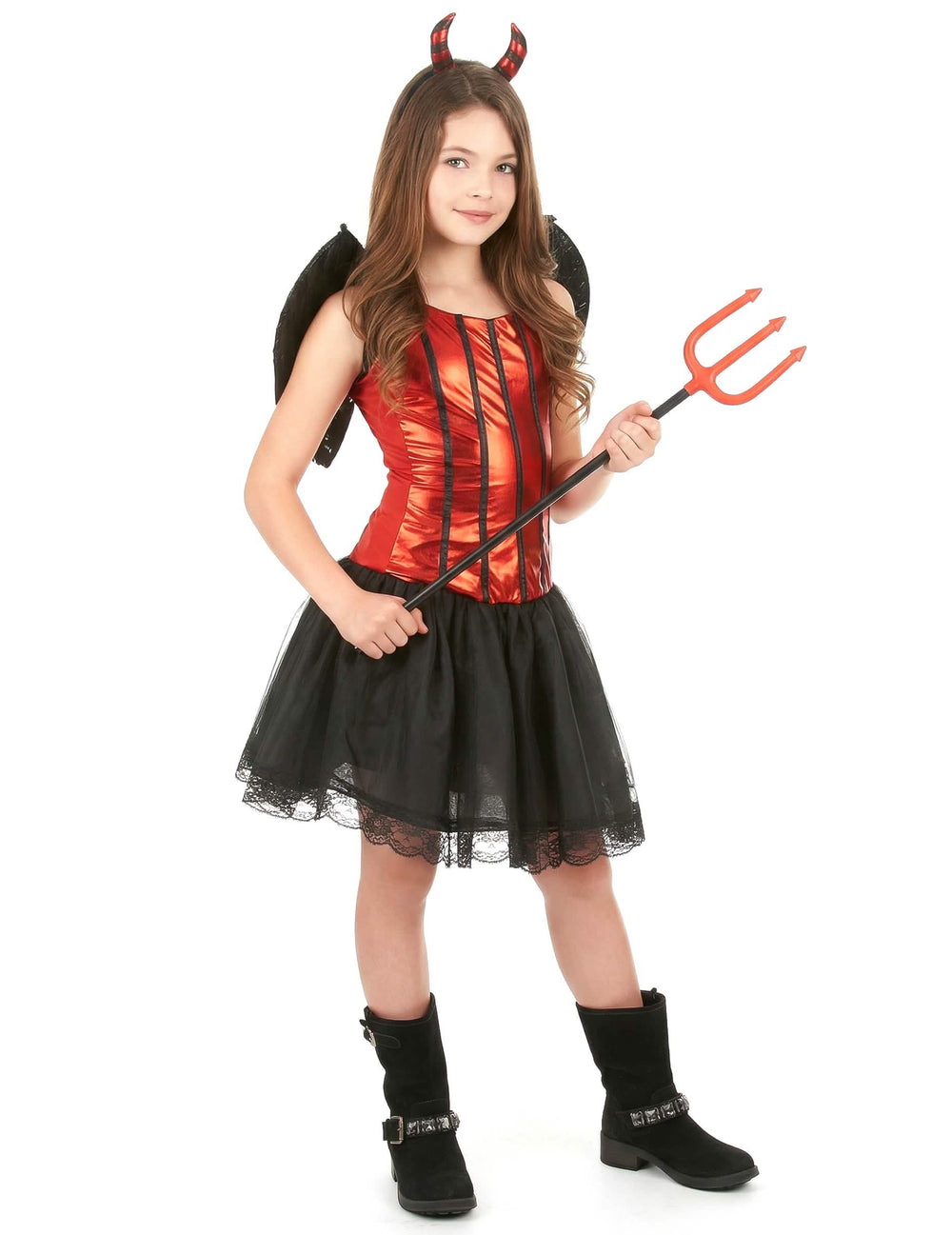 Fato de diabinha com asas para menina vermelho e preto com tutu e forquilha