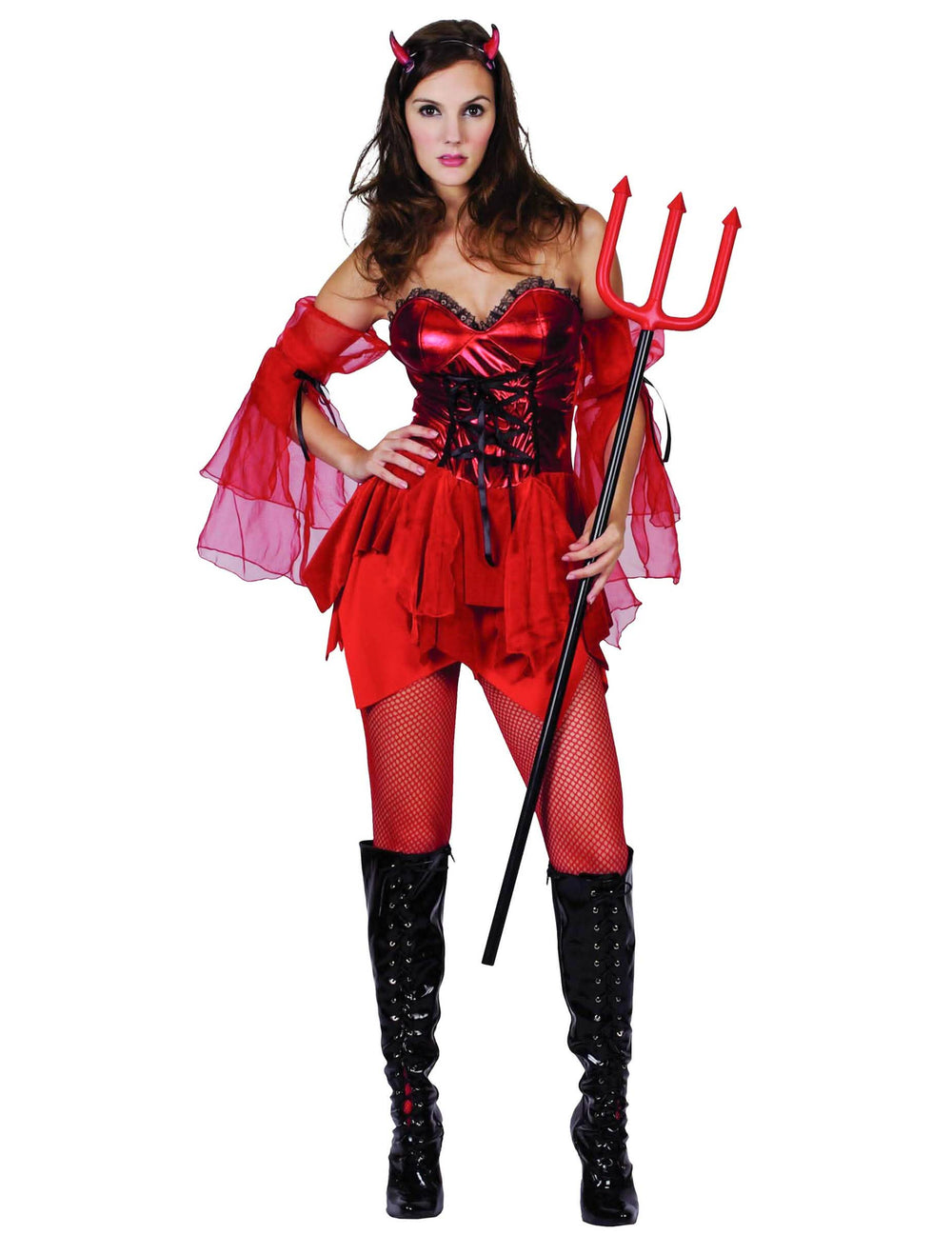 Fato de mulher diablesa vermelho com corset e cornos