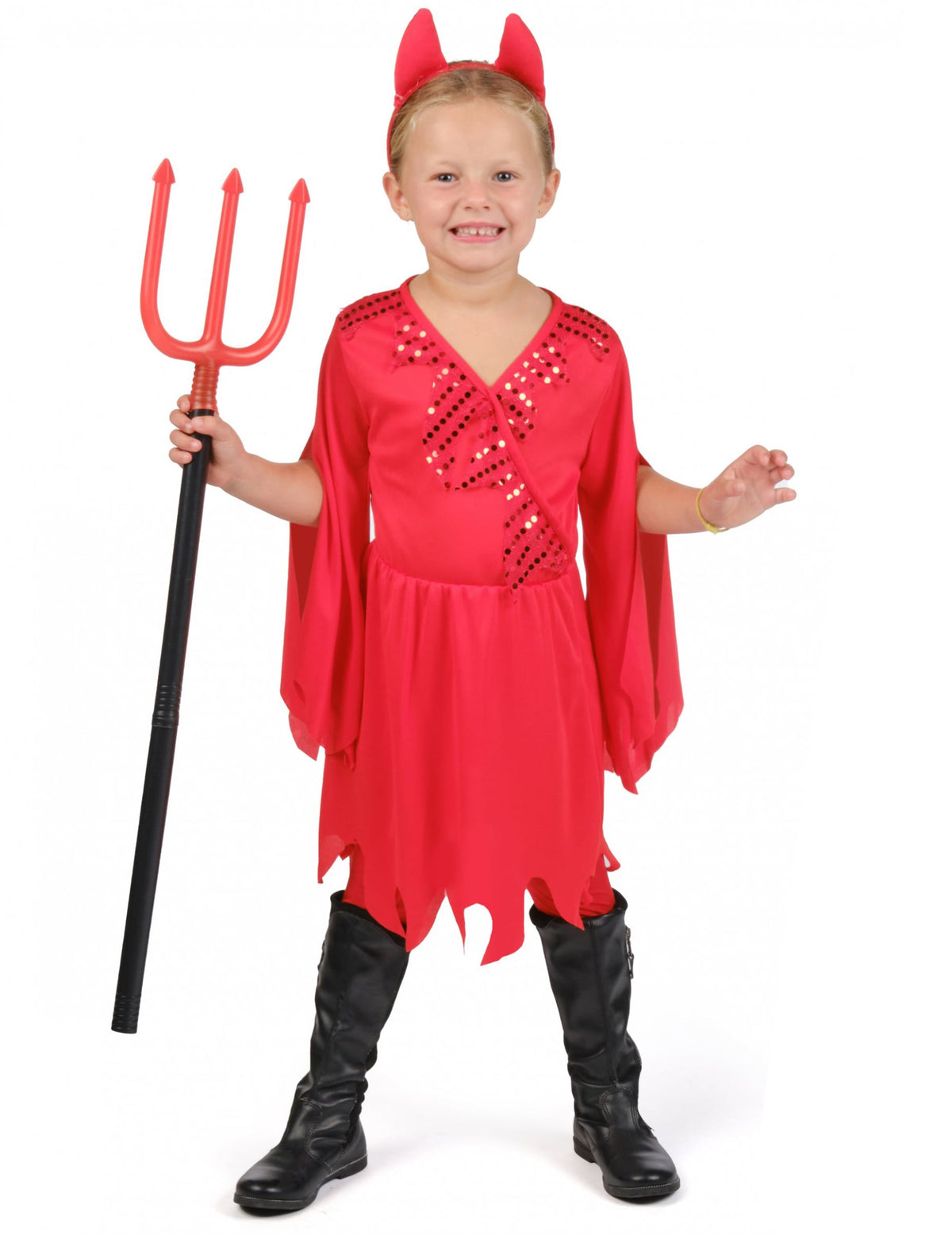 Déguisement de diablesse pour fille rouge avec serre-tête cornes et trident