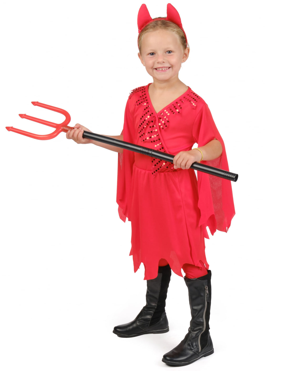 Vue d'ensemble avec trident du déguisement de diablesse pour fille