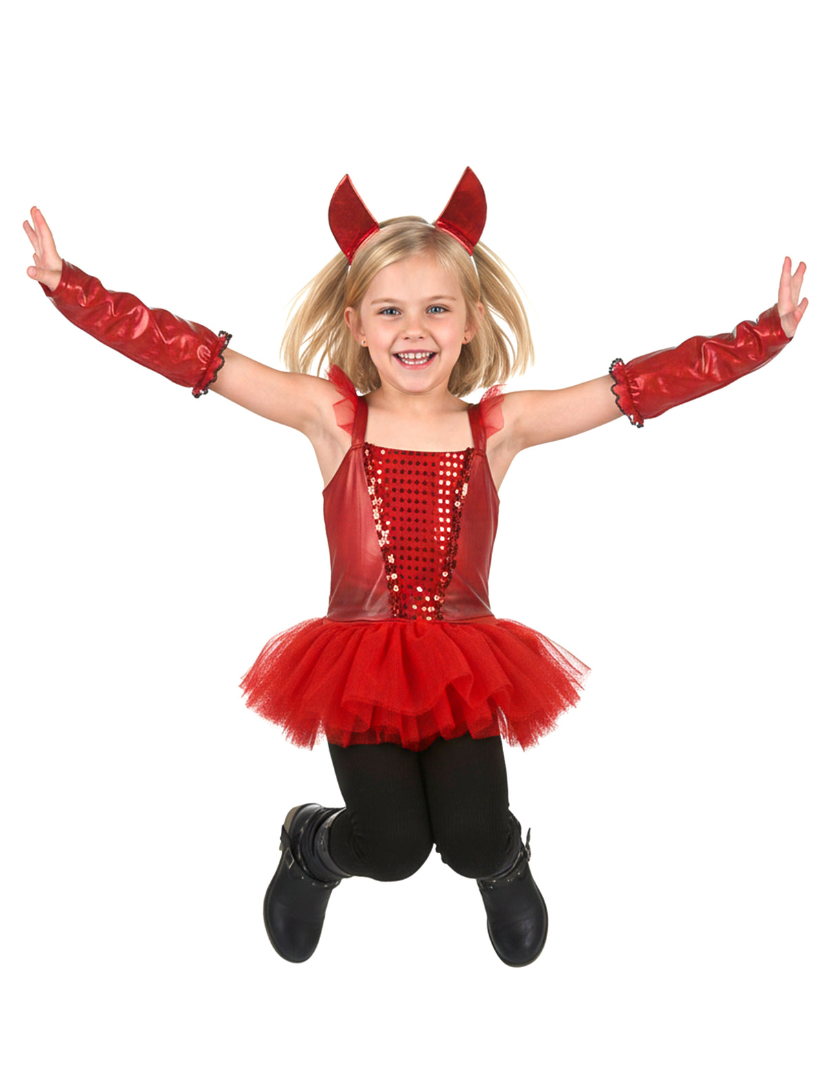 Vue de face avec manchettes du déguisement diablesse tutu pour fille