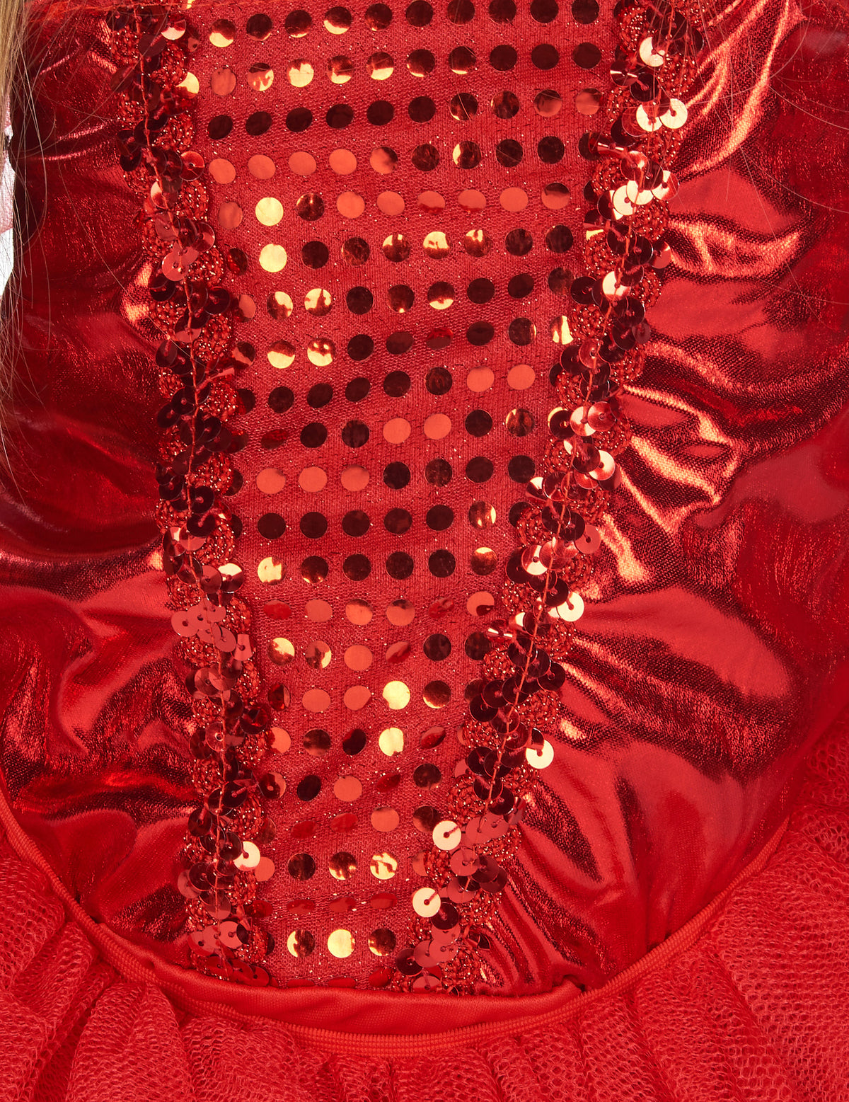 Détail des sequins rouges du bustier du déguisement diablesse tutu