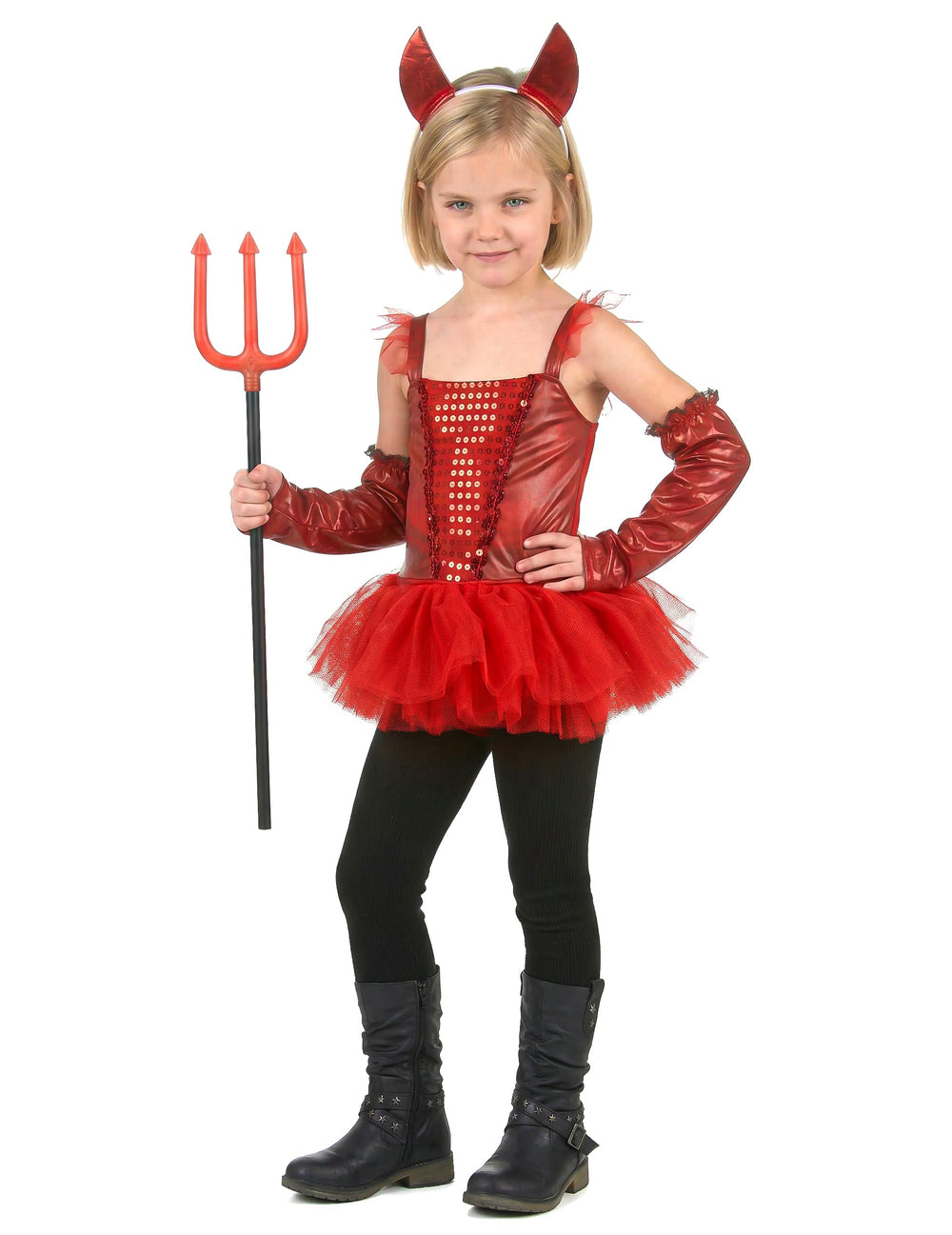 Vue d'ensemble avec trident et cornes du déguisement diablesse tutu pour fille