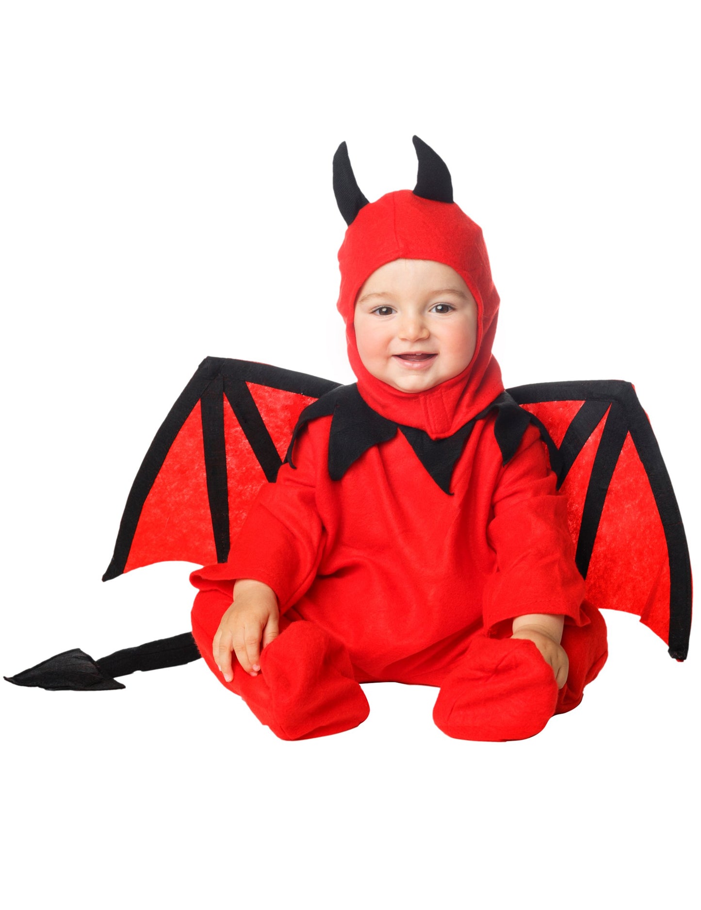 Déguisement diablotin avec cagoule pour bébé rouge et noir avec ailes et queue