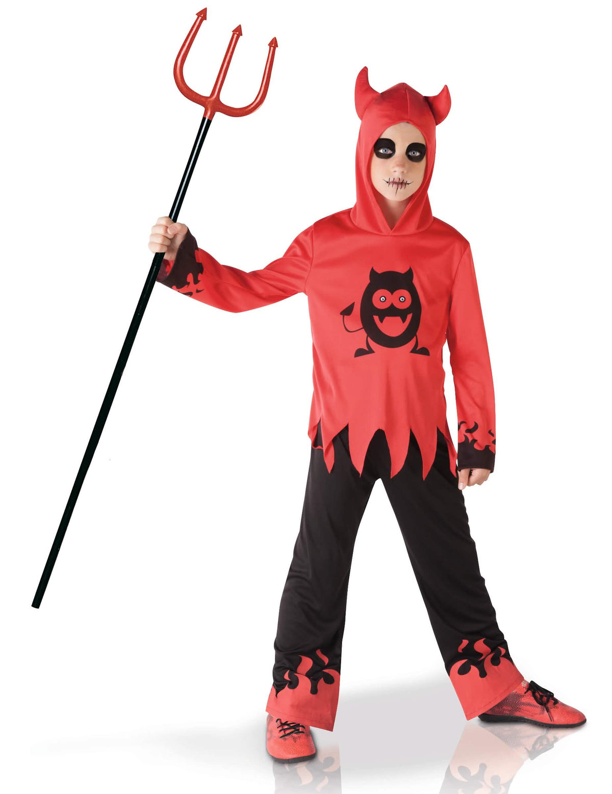 Fato de diabinho com olhos móveis para menino vermelho e preto