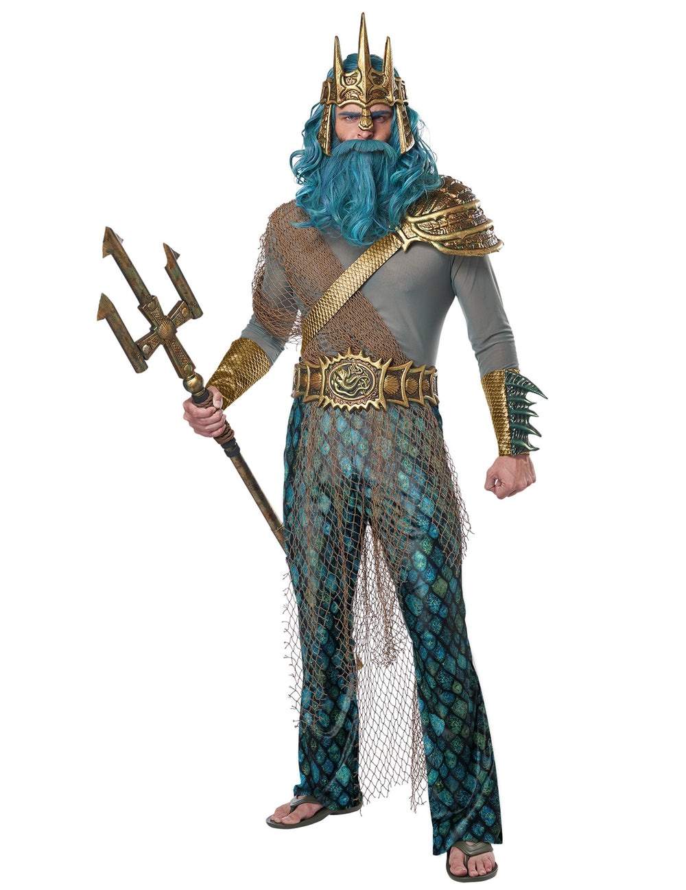 Déguisement dieu de la mer luxe pour homme bleu turquoise et doré avec trident