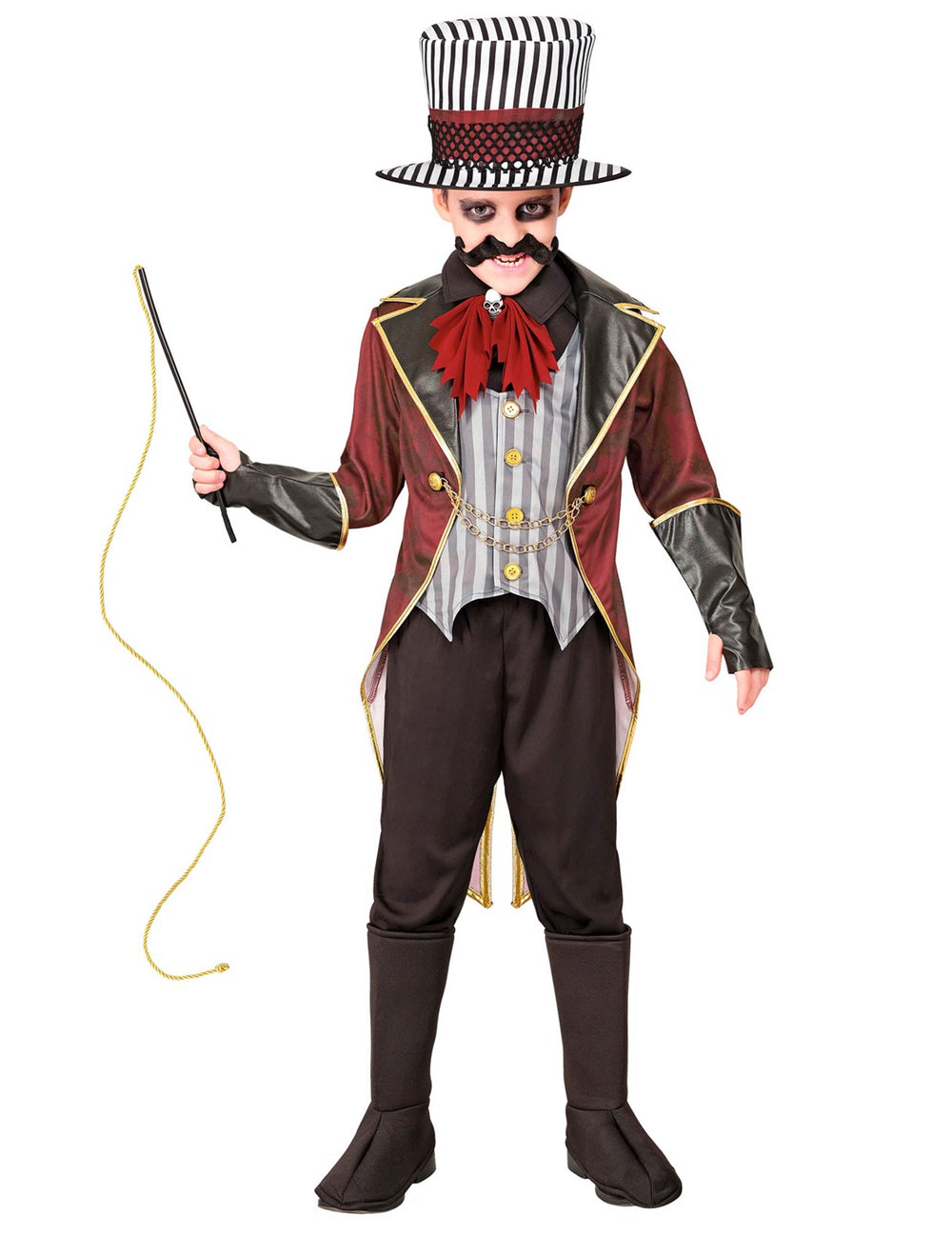 Déguisement directeur de cirque sinistre pour enfant bordeaux et noir avec chapeau haut-de-forme et fouet