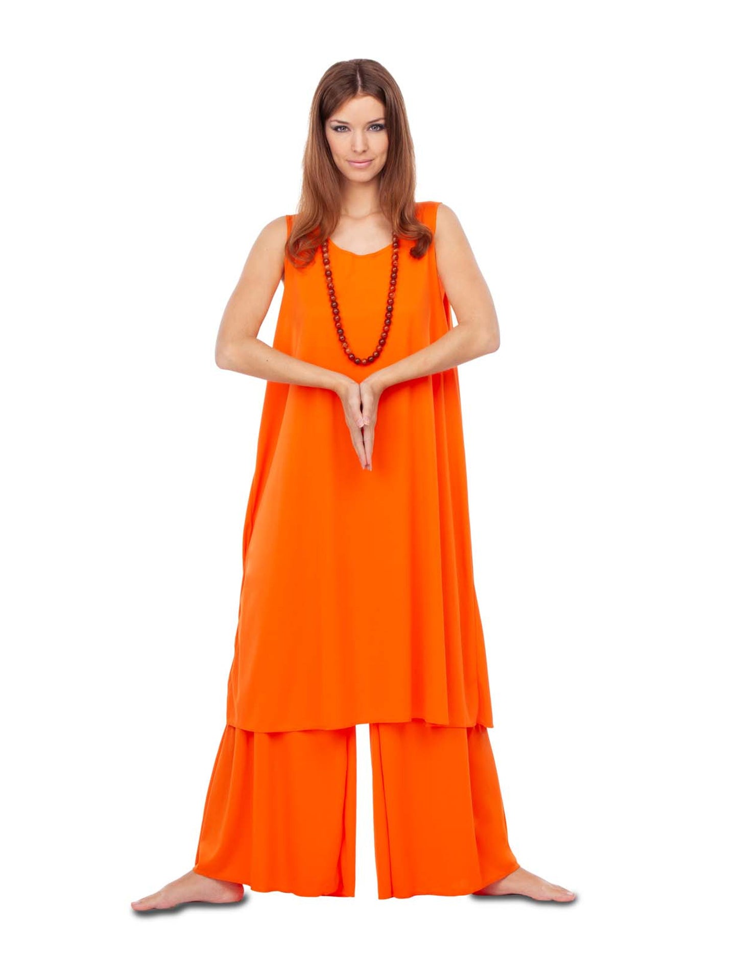 Vue de face du déguisement de disciple pour femme orange