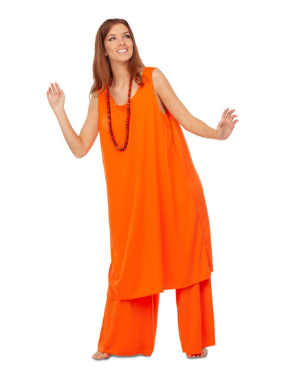 Vue de trois-quarts du déguisement de disciple pour femme orange