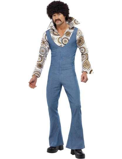 Déguisement disco années 70 ringard pour homme bleu aspect jean et motifs marron