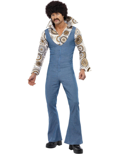 Déguisement disco années 70 ringard pour homme bleu aspect jean et motifs marron