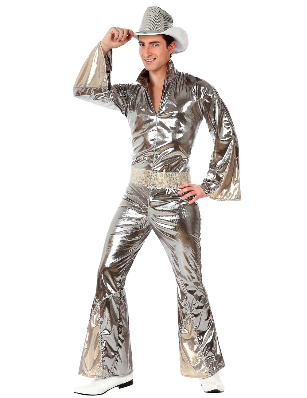 Fato de disco para homem prateado brilhante com chapéu