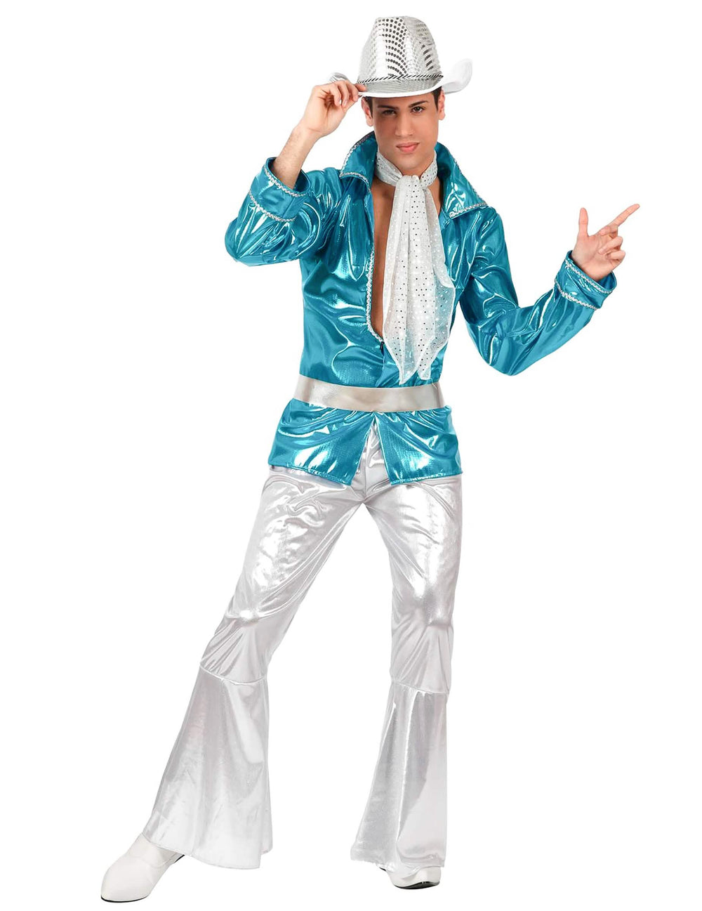 Fato de disco para homem azul e prateado com calças boca de sino