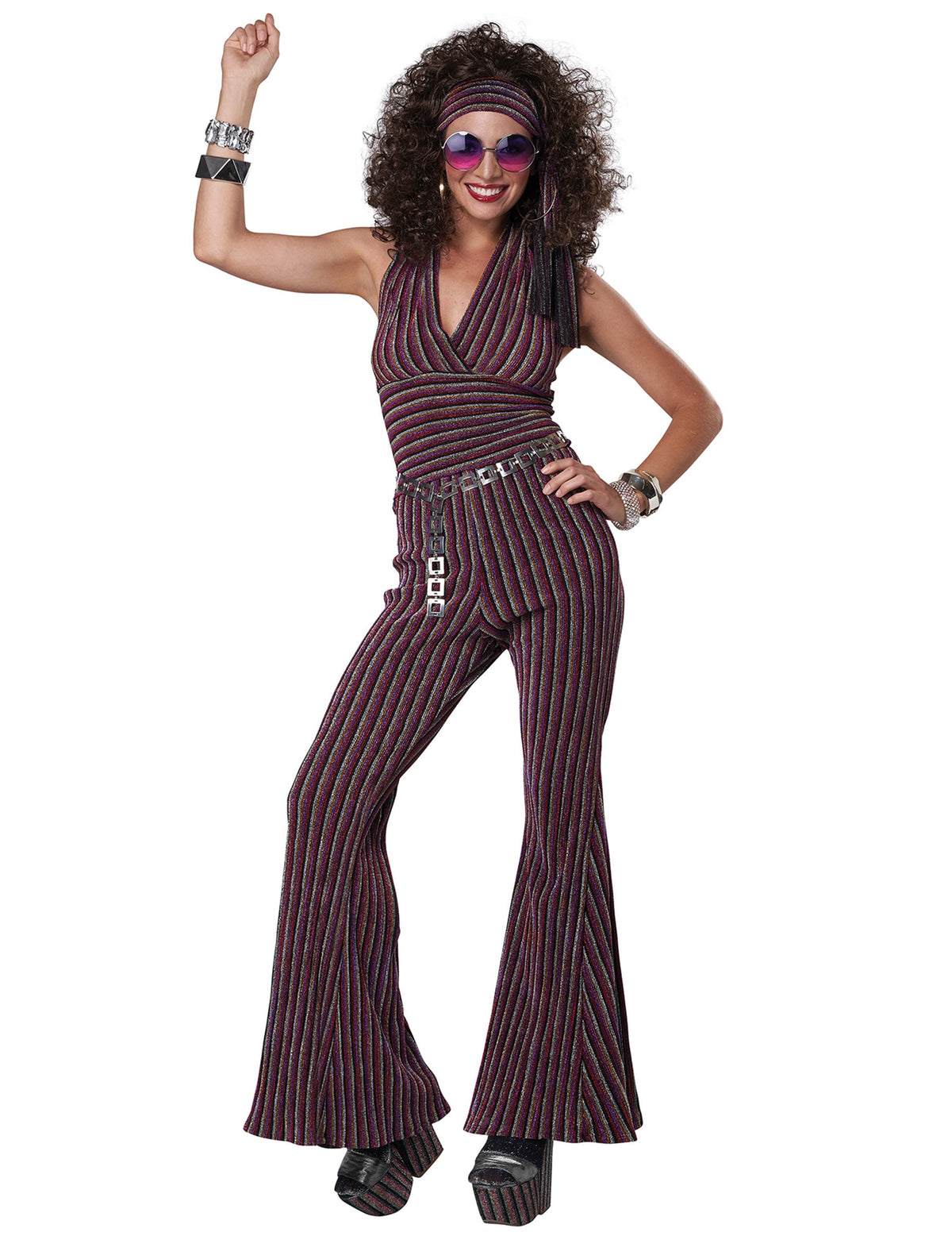 Déguisement disco dos nu pour femme à rayures multicolores scintillantes