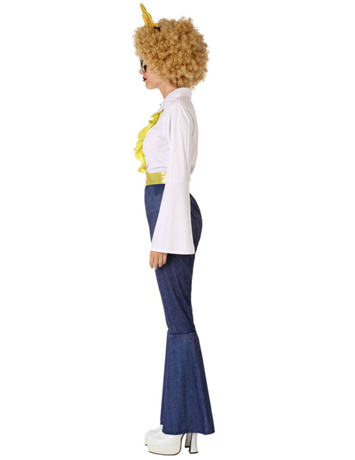 Vue de profil du déguisement disco pour femme effet jean et doré