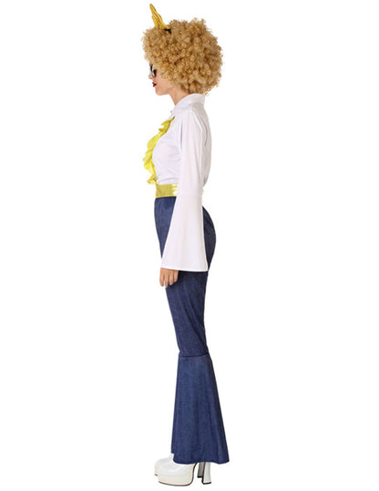 Vue de profil du déguisement disco pour femme effet jean et doré