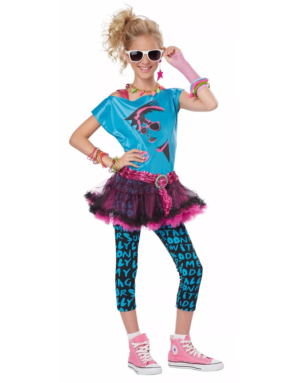 Déguisement disco années 80 pour femme bleu et rose avec tutu et leggings imprimés