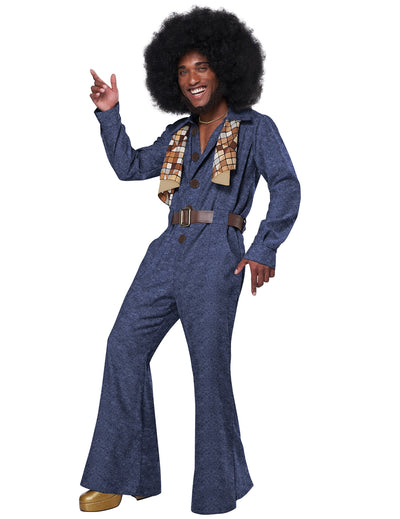 Déguisement disco pour homme bleu effet jean avec ceinture marron