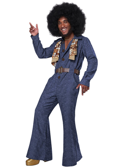 Déguisement disco pour homme bleu effet jean avec ceinture marron