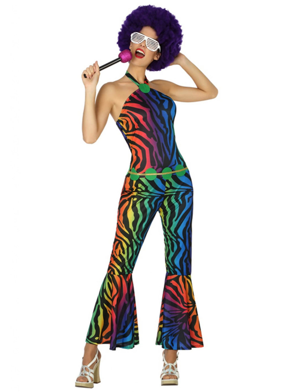 Fato de disco zebrado para mulher multicores arco-íris