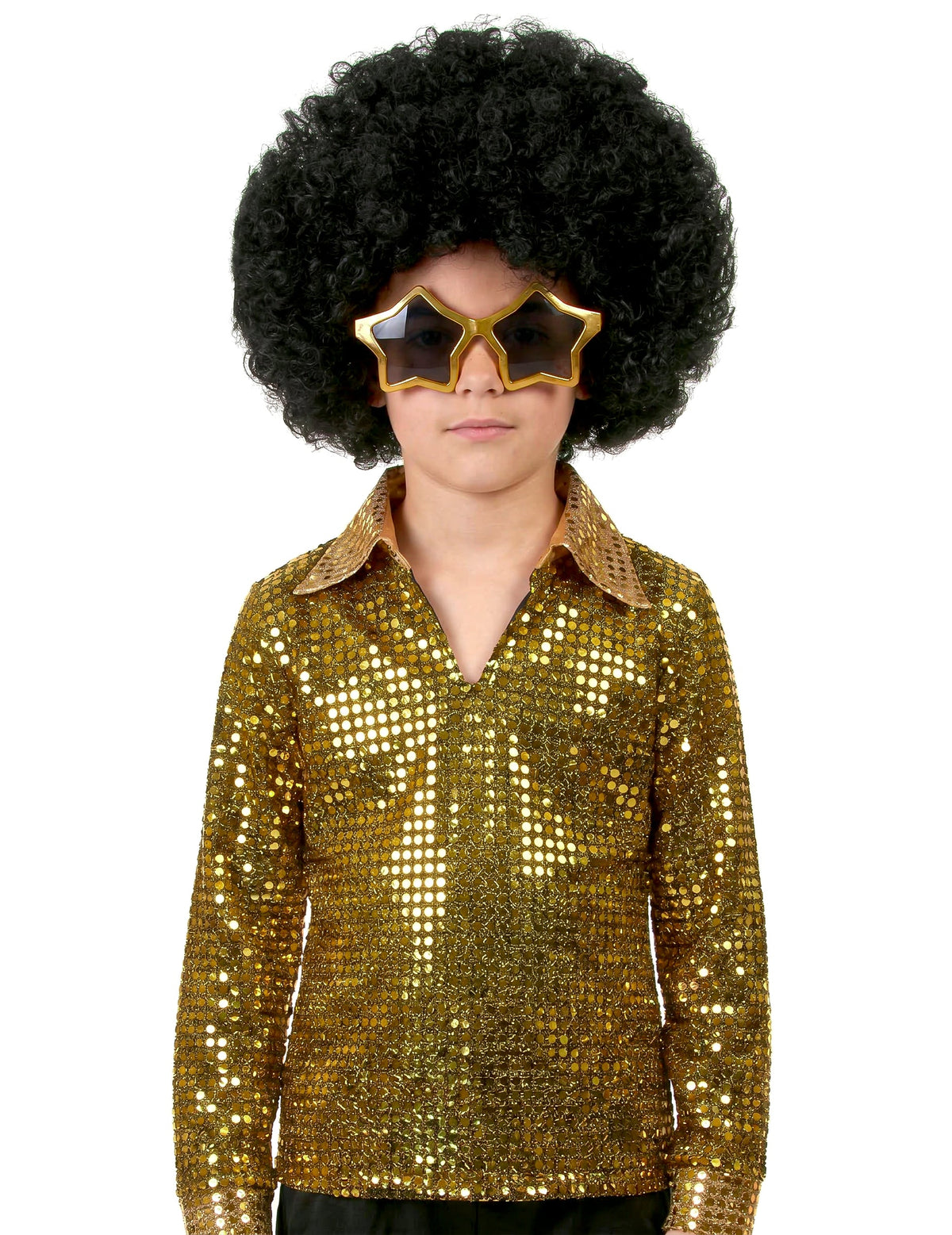 Gros plan sur la chemise à sequins et les lunettes étoile du déguisement disco pour garçon