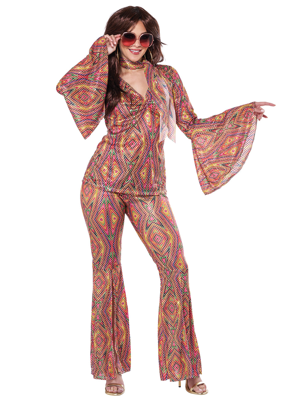 Déguisement Disco Paillette pour femme multicolore avec motifs géométriques et manches évasées