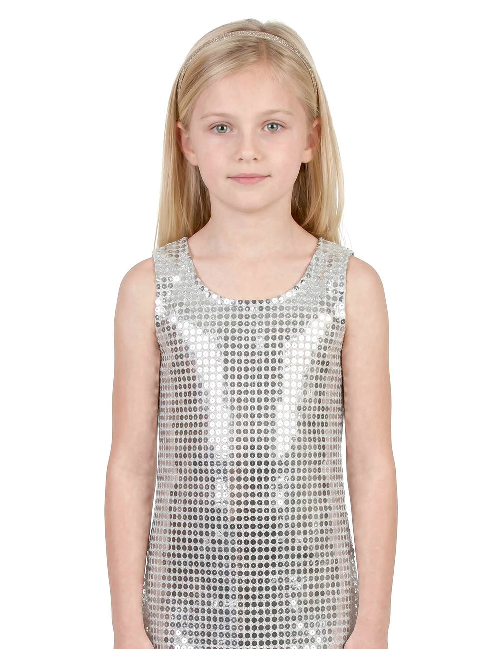 Plano aproximado do tronco do disfarce disco para menina com lantejoulas prateadas