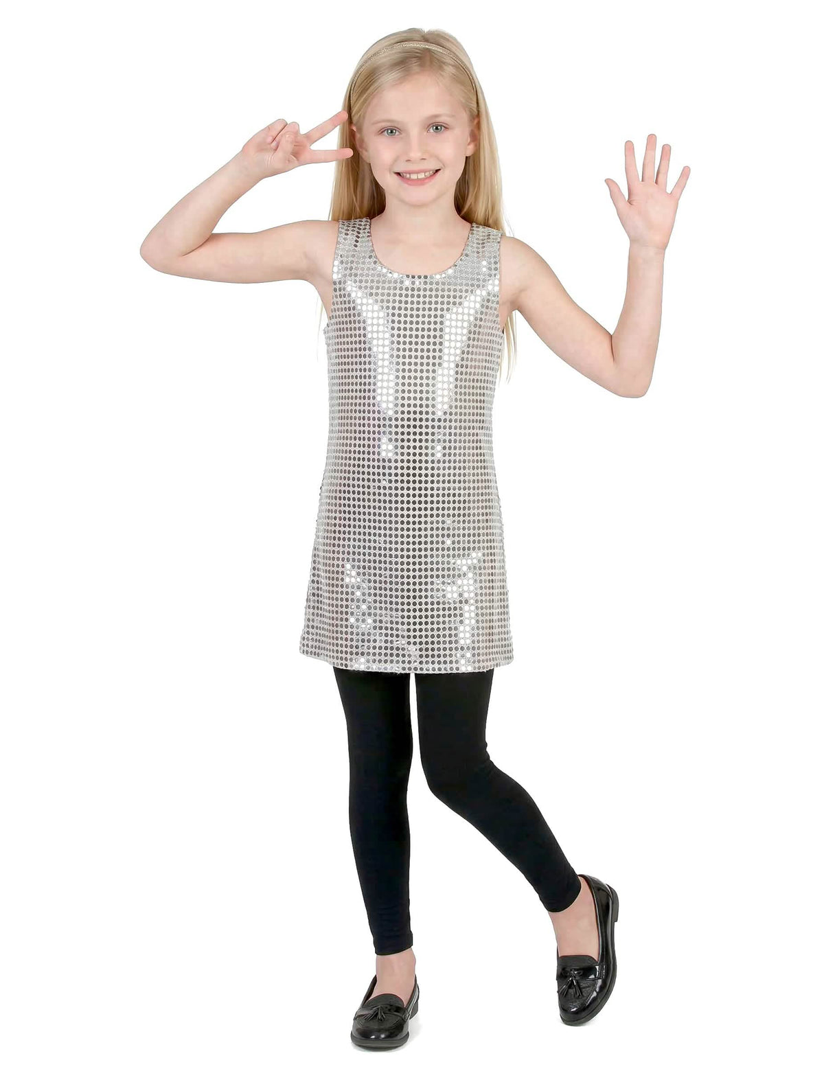 Disfarce disco para menina com lantejoulas prateadas