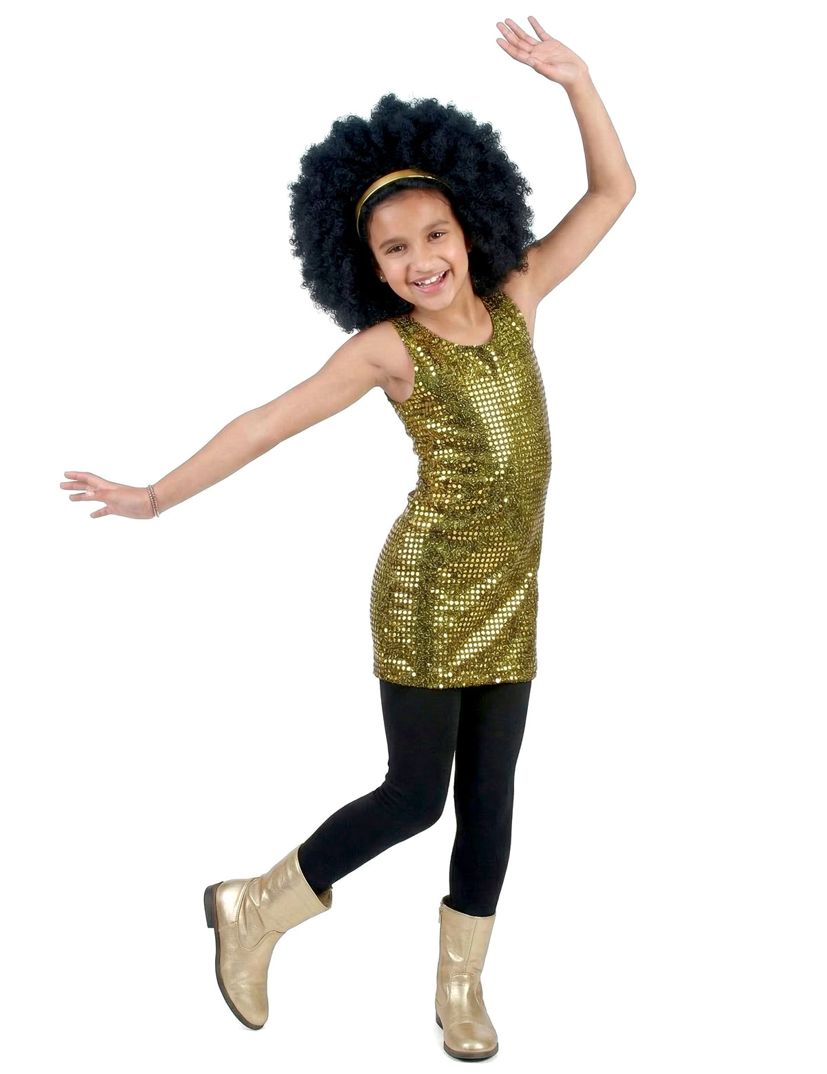 Vue de face du déguisement disco paillettes pour fille or