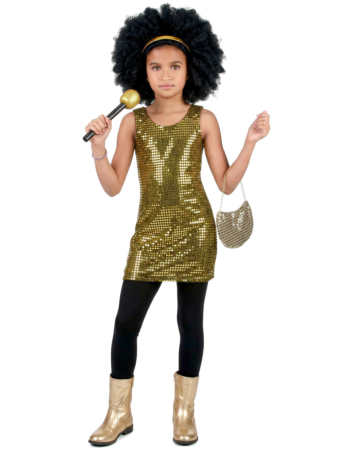 Vue d'ensemble du déguisement disco paillettes pour fille or
