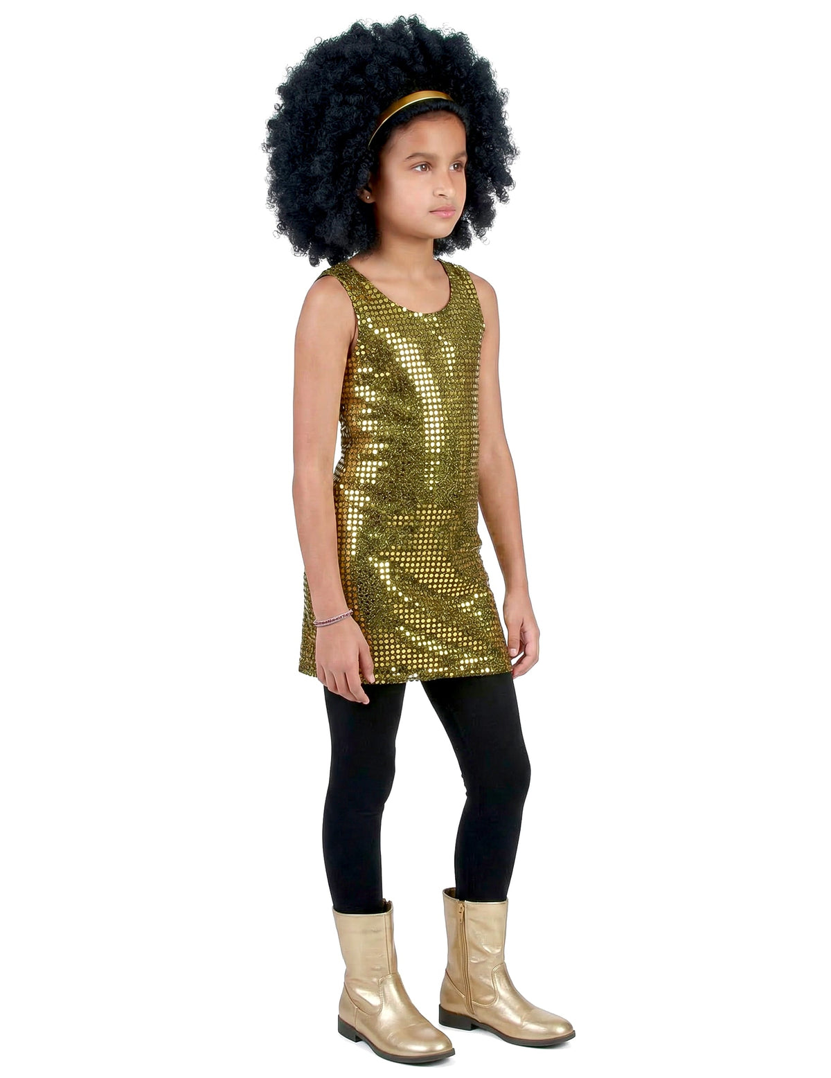 Vue de profil du déguisement disco paillettes pour fille or