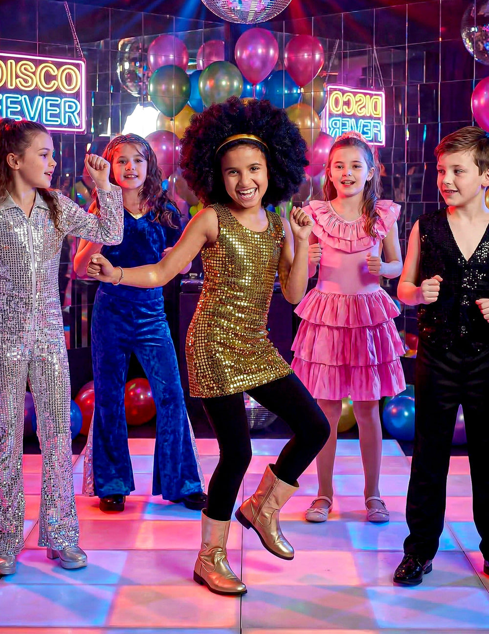 Mise en situation du déguisement disco paillettes pour fille or