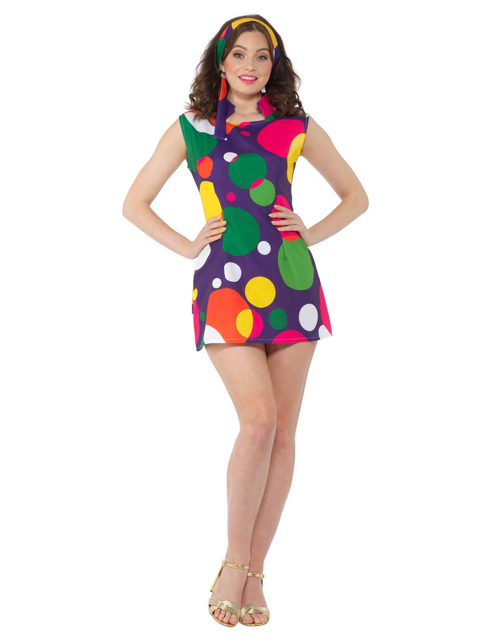Fato de disco pop para mulher roxo com grandes bolinhas multicoloridas e bandolete