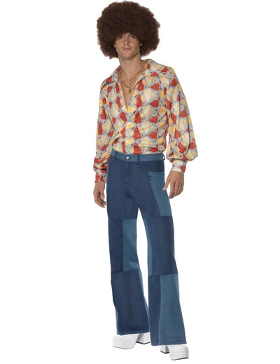 Déguisement disco rétro années 70 pour homme avec chemise à motifs et pantalon bleu patchwork