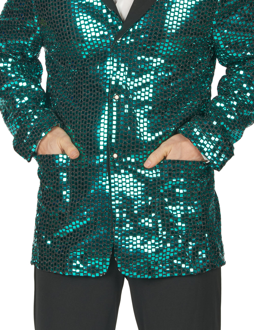 Gros plan sur les paillettes du déguisement disco pour homme