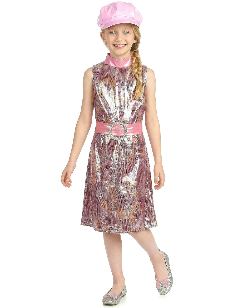 Déguisement disco vinyle pour fille rose brillant avec casquette assortie