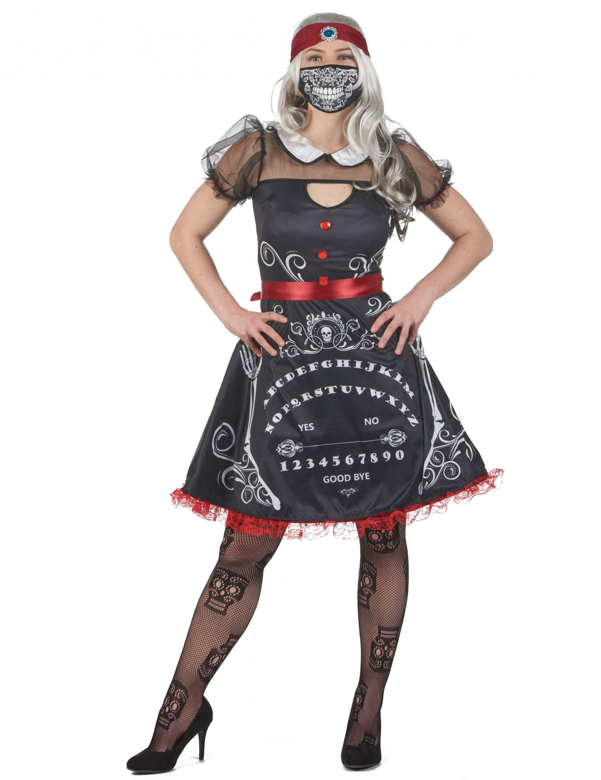 Vue de face avec masque et bandeau du déguisement de diseuse de bonne aventure