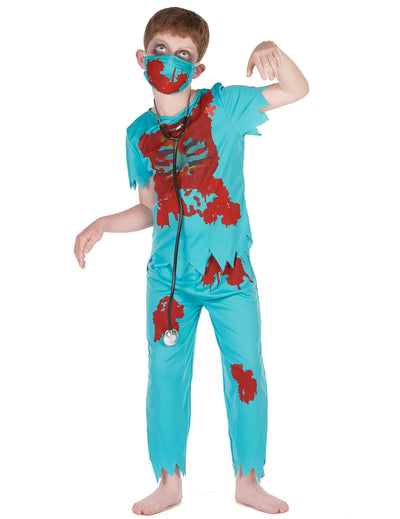Déguisement de docteur zombie pour garçon bleu turquoise ensanglanté avec masque et stéthoscope