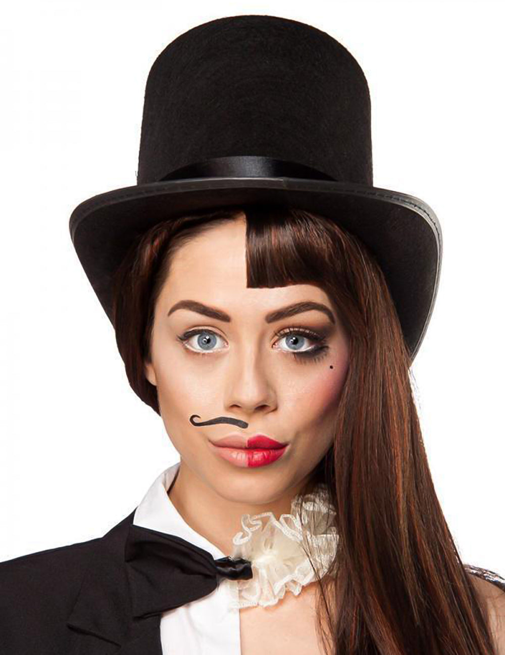 Gros plan sur le maquillage du déguisement double jeu noir et blanc luxe pour adulte