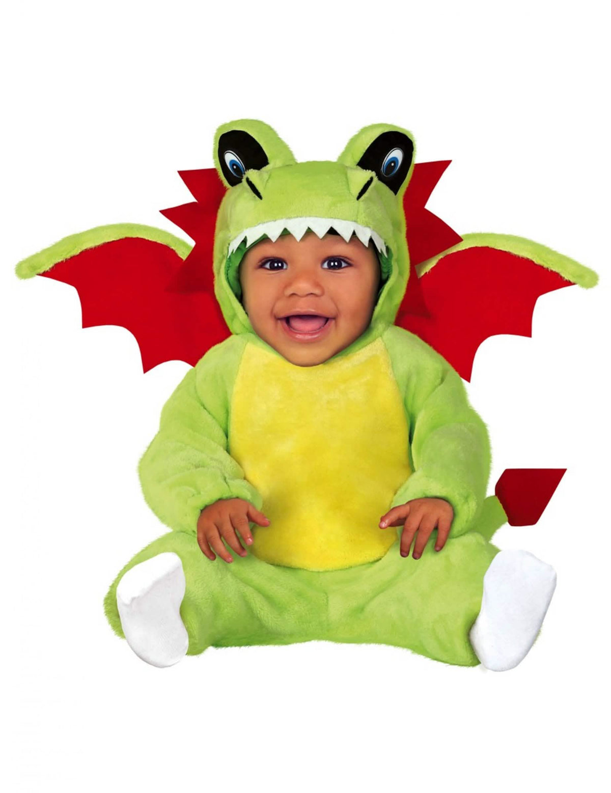 Déguisement dragon pour bébé vert et jaune avec ailes rouges
