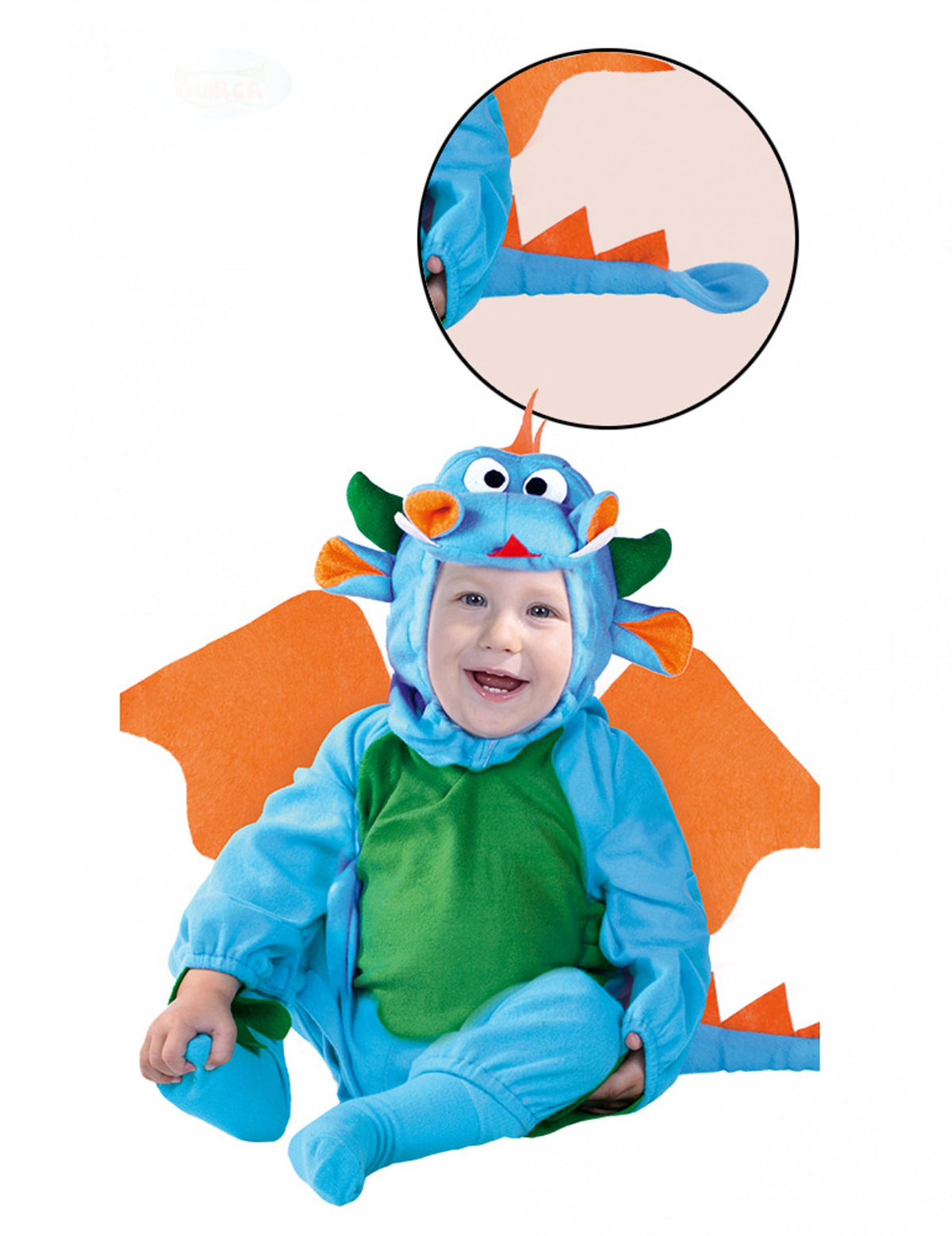 Déguisement de dragon pour bébé bleu avec ailes orange et ventre vert