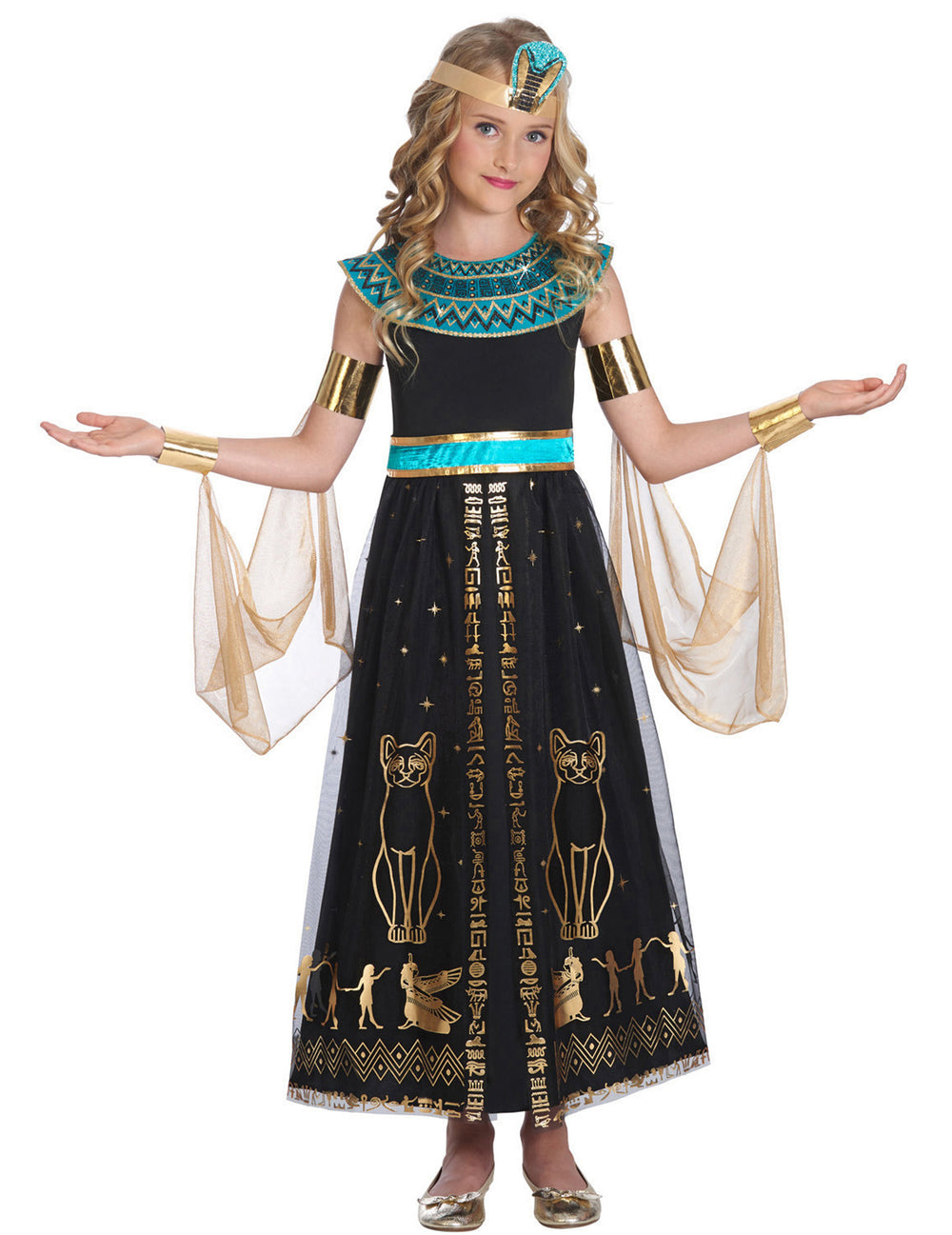 Déguisement de Cléopâtre éblouissante pour fille noir et doré avec détails turquoise
