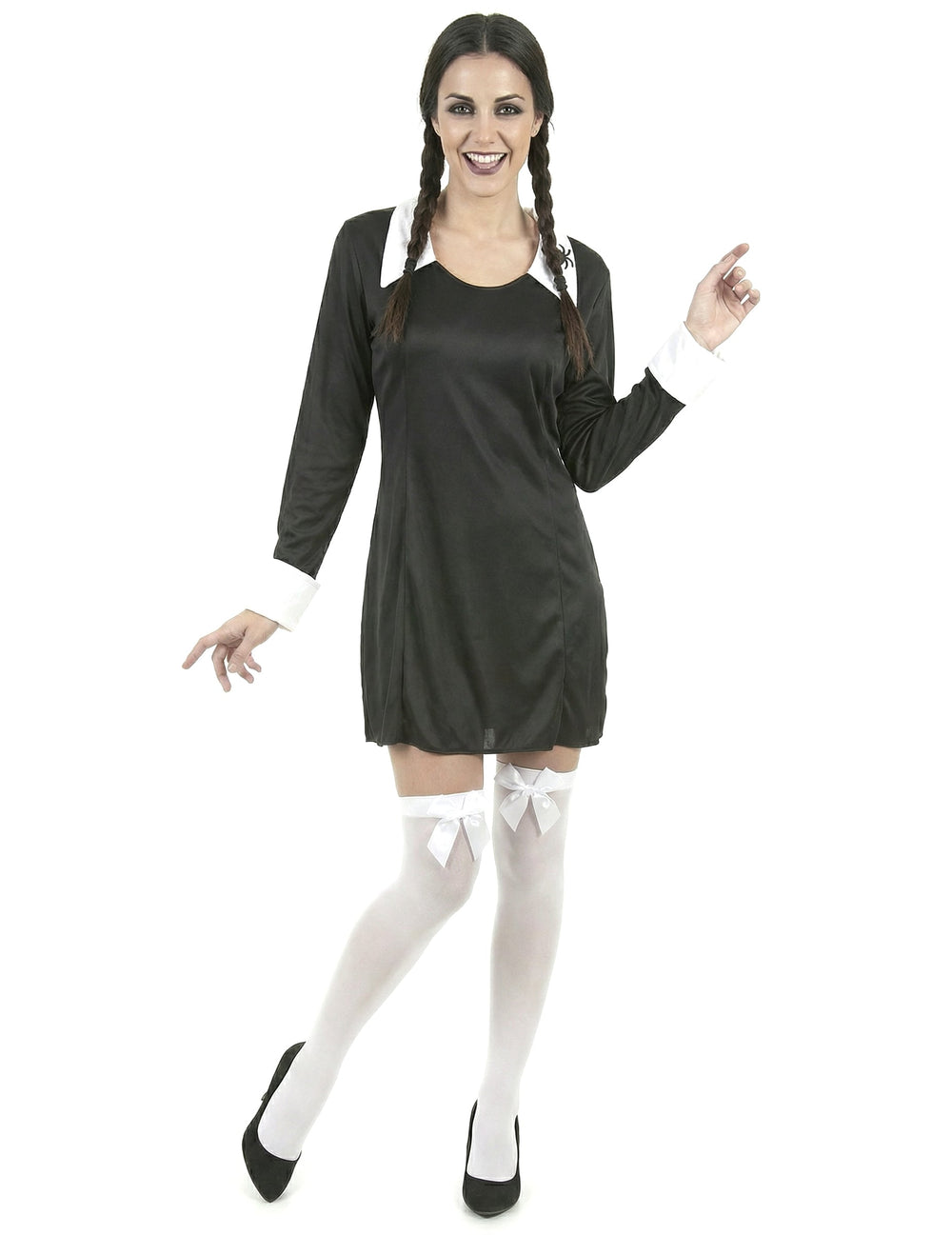 Déguisement d'écolière Halloween pour femme noir et blanc avec bas blancs à nœuds