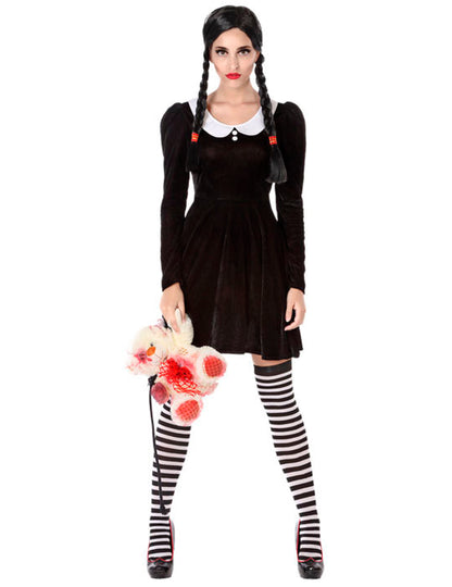 Déguisement écolière macabre pour femme noir et blanc avec col blanc et bas rayés